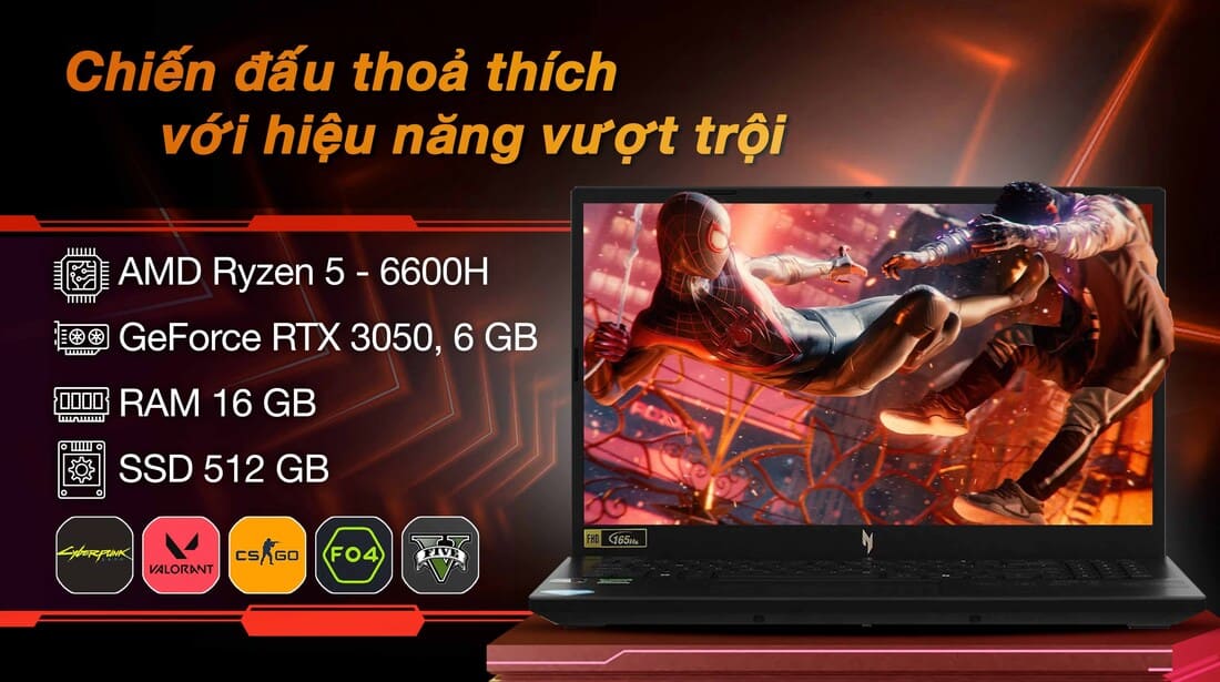 Hiệu năng chiến game vượt trội với Ryzen 5 6600H và RTX 3050 6GB
