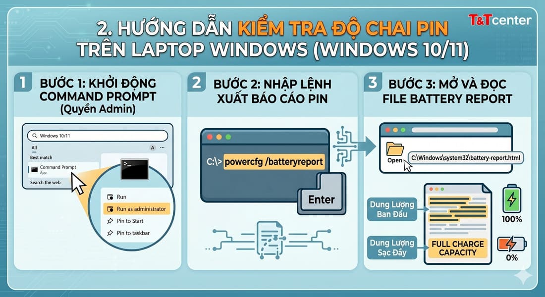 2. Hướng dẫn kiểm tra độ chai pin trên Laptop Windows (Windows 10/11)