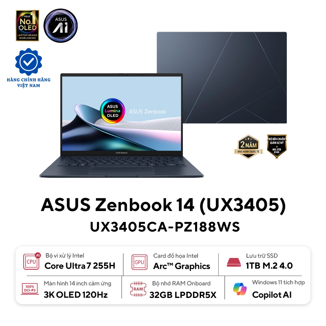 ASUS Zenbook 14 UX3405CA-PZ188WS | Core Ultra 7 255H 32GB 1TB Intel® Arc Graphics 14 inch 3K OLED Touch (New