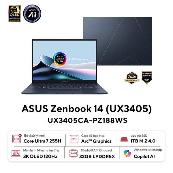 ASUS Zenbook 14 UX3405CA-PZ188WS | Core Ultra 7 255H 32GB 1TB Intel® Arc Graphics 14 inch 3K OLED Touch (New)