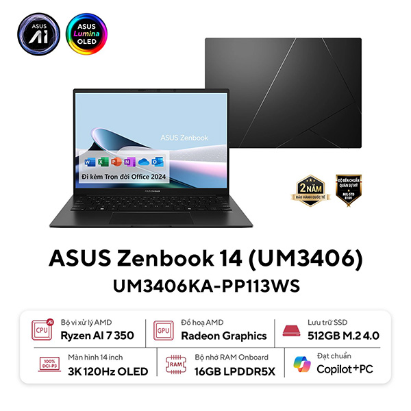 ASUS Zenbook 14 UM3406KA-PP113WS | Ryzen AI 7 350 16GB 512GB AMD Radeon Graphics 14inch 3K OLED (New)