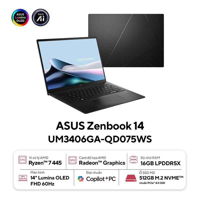 ASUS Zenbook 14 UM3406GA-QD075WS | Ryzen™ AI 7 445 16GB 512GB AMD Radeon™ Graphics 14'' WUXGA OLED (New)