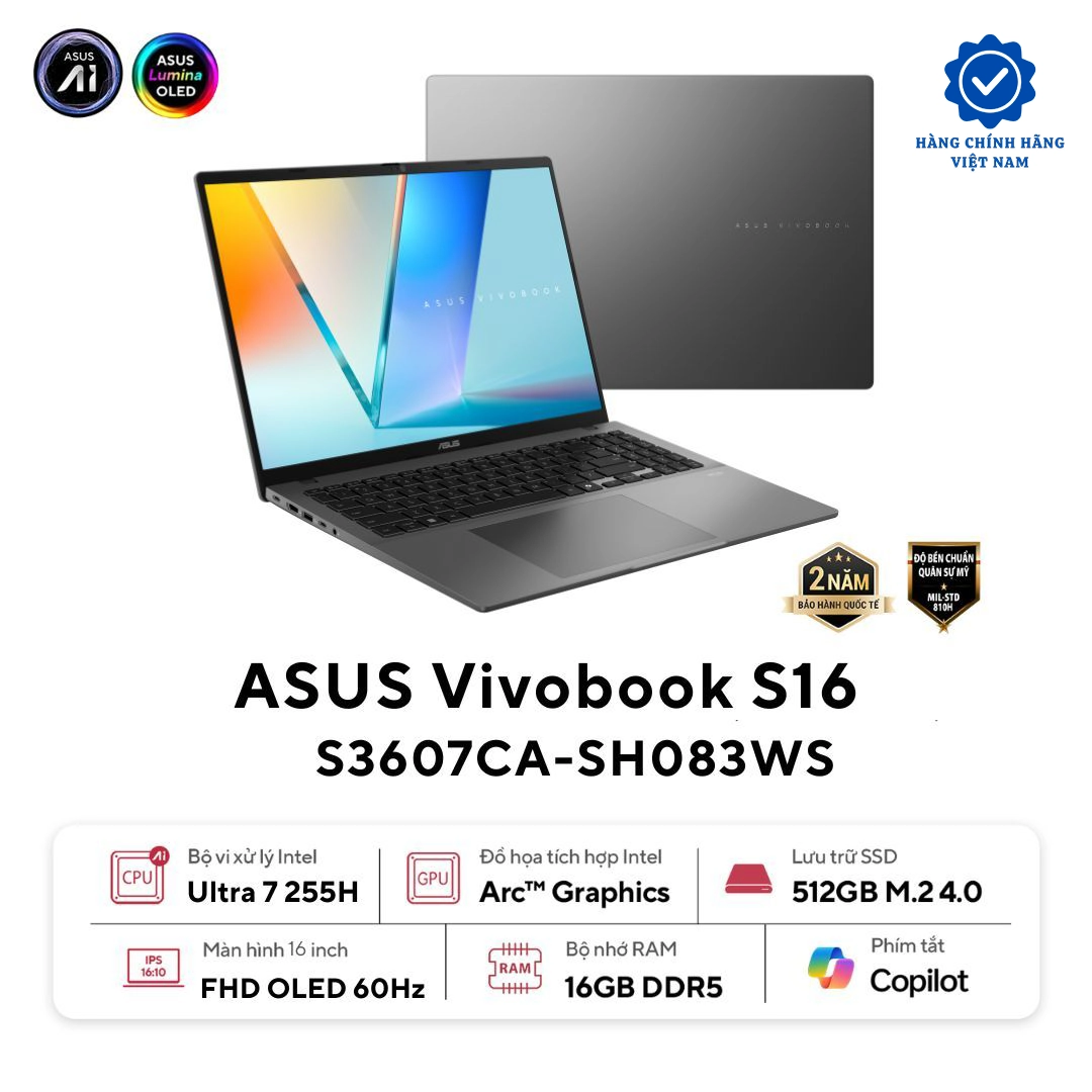 Asus Vivobook S16 S3607CA-SH082WS | Core Ultra 7 255H RAM 16GB SSD 512GB Intel Arc Graphics 16 inch FHD OLED (New)