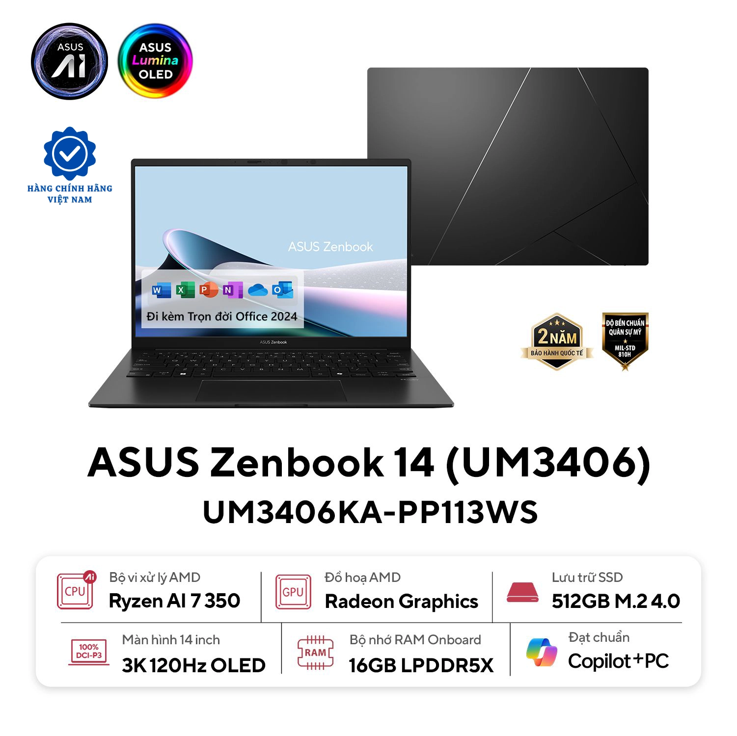 ASUS Zenbook 14 UM3406KA-PP113WS | Ryzen AI 7 350 16GB 512GB AMD Radeon Graphics 14inch 3K OLED (New)